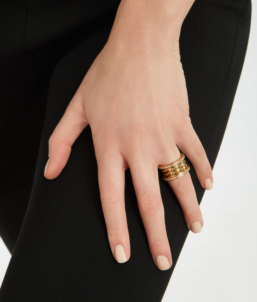 Bob Rollers Gear Ring ,Moissanite Pavé Stud 3-Band | Yellow, Rose & White Gold — real photo 3