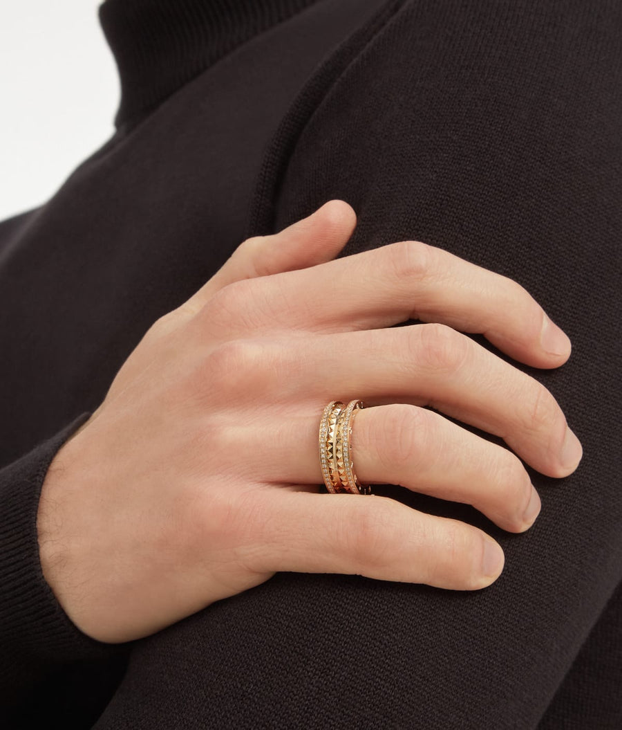 Bob Rollers Gear Ring |Yellow, Rose & White Gold  | Two rows of gear motifs — real photo 3