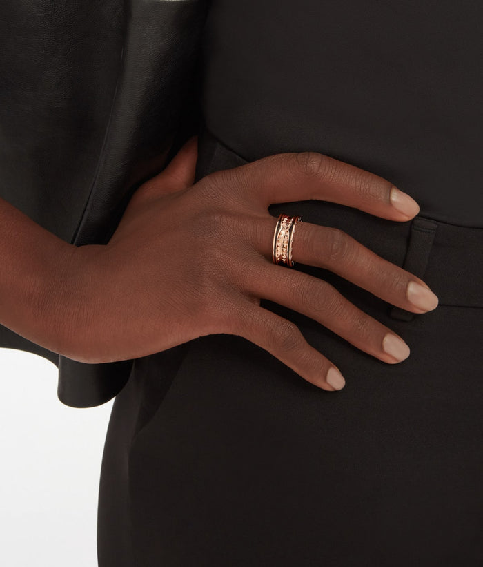 Lotteds Bob Rollers Gear Ring Rose Gold Black Ceramic Stud 2-Band — real photo 4