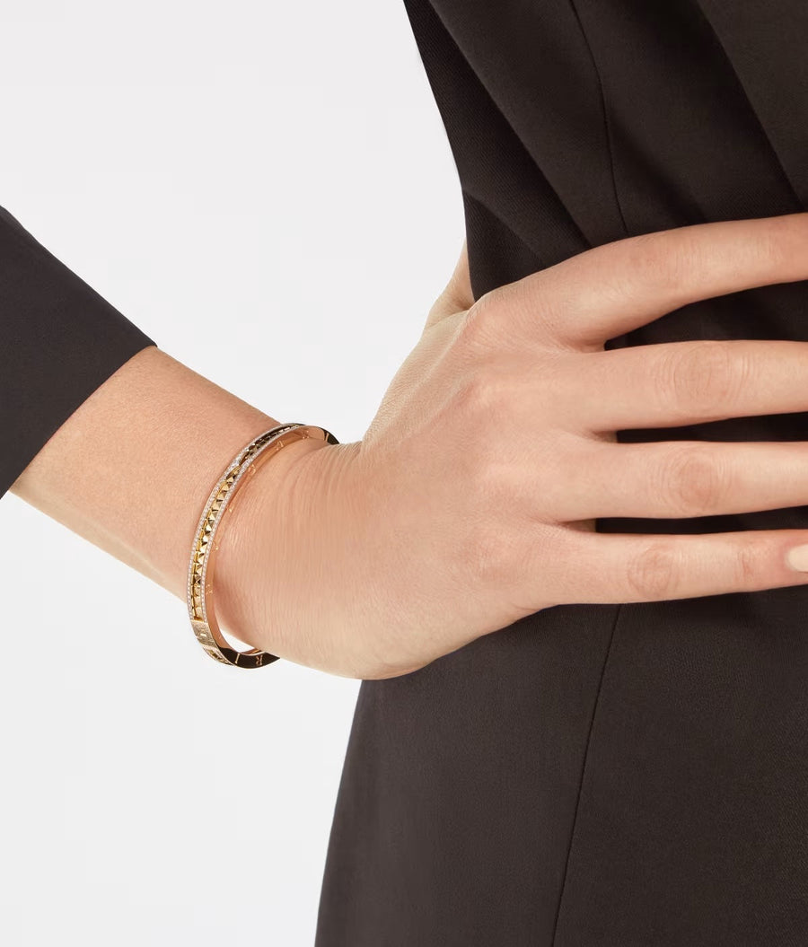 Bob Rollers Gear Bracelet ,Moissanite Pavé Stud| Yellow, Rose & White Gold — real photo 3