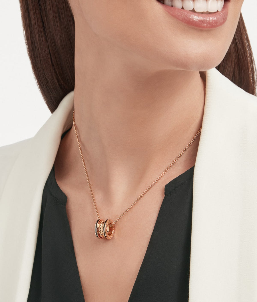 Lotteds Bob Rollers Gear Necklace Rose Gold Black Ceramic Stud Two-Ring — real photo 3