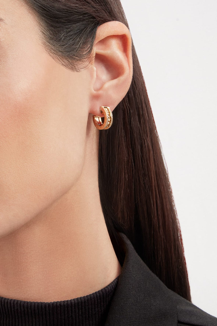 Bob Rollers Gear Hoop Earrings ,Moissanite Pavé Stud | Yellow, Rose & White Gold — real photo 3
