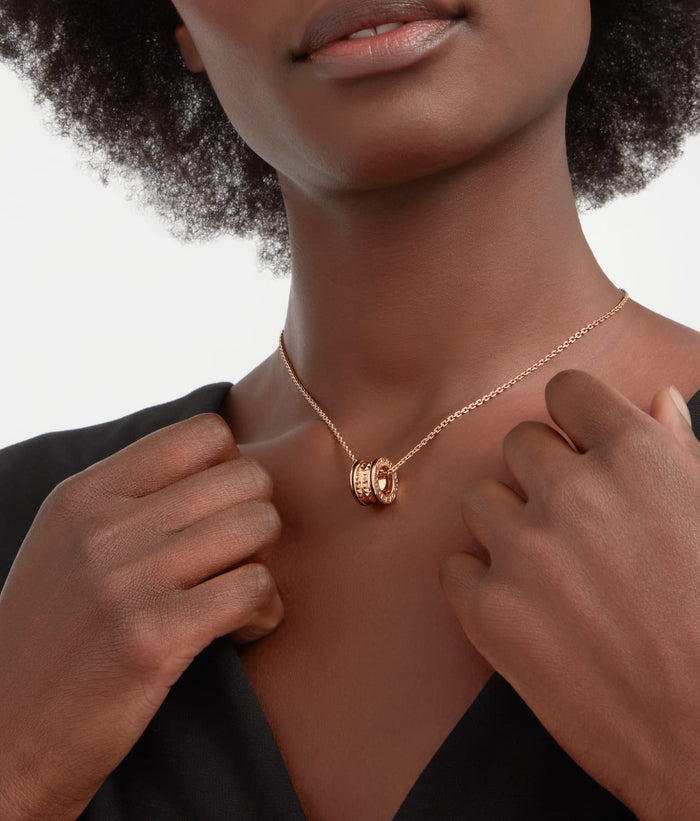 Lotteds Bob Rollers Gear Necklace Rose Gold Black Ceramic Stud Two-Ring — real photo 4