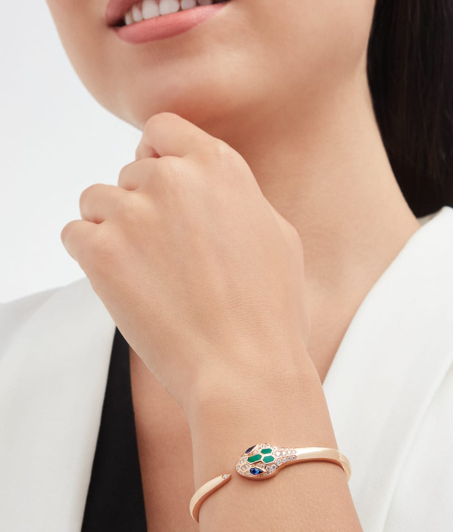 Lotteds Bob Snake Cobra Bracelet, Rose Gold Green Sapphires Moissanite — real photo 2