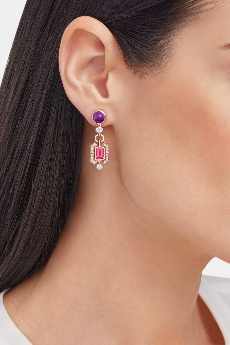 Bob Aeris Fan Starlet Shimmer Earrings, Rose Gold, Pink Tourmalines & Amethysts — real photo 3