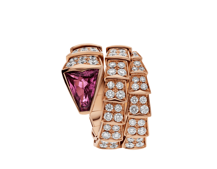 Bob Snake Lovato Ring Rose Gold Double Wrap Moissanite & Ruby — real photo 4