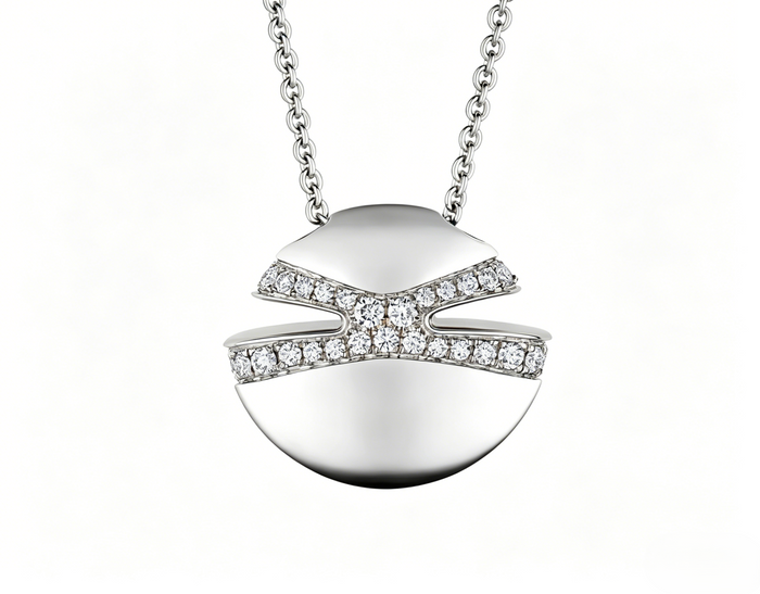 Bob Aura Convex Necklace, Moissanite, Pave Set | Yellow, Rose & White Gold — real photo 4
