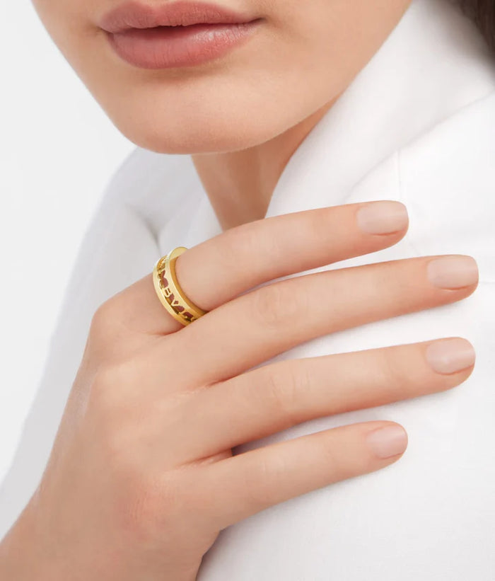 Bob Rollers Gear Open Lettering Ring, Hollow-Carved | Yellow, Rose & White Gold — real photo 5