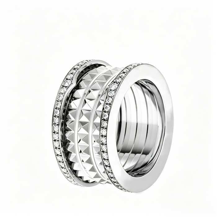 Bob Rollers Gear Ring ,Moissanite Pavé Stud 3-Band | Yellow, Rose & White Gold — real photo 4