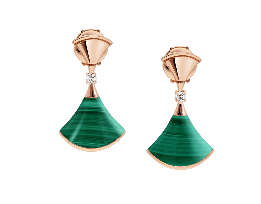 Bob Aeris Fan Essential Earrings, Rose Gold, Malachite and Moissanite — real photo 2