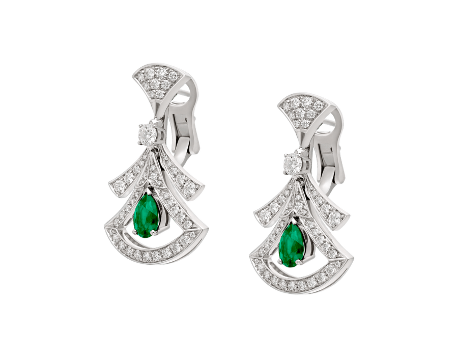 Bob Aeris Fan Linear Grace Earrings, Openwork, Emerald — real photo 2