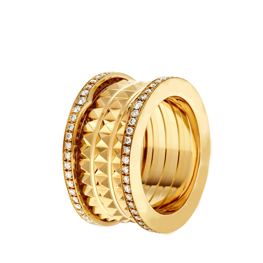 Bob Rollers Gear Ring ,Moissanite Pavé Stud 3-Band | Yellow, Rose & White Gold — real photo 2