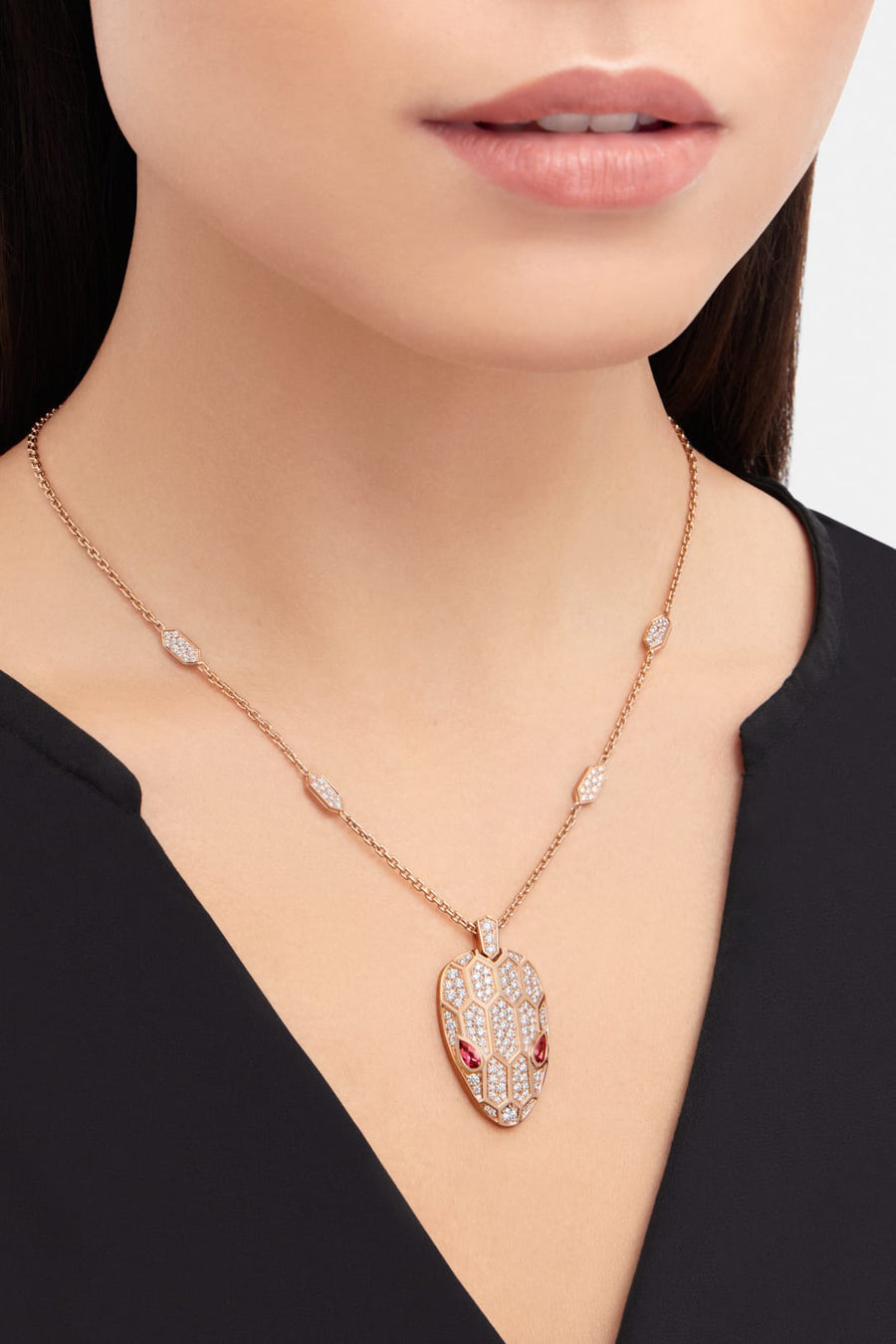 Bob Snake Cobra Necklace, Moissanite | Rose & White Gold — real photo 2