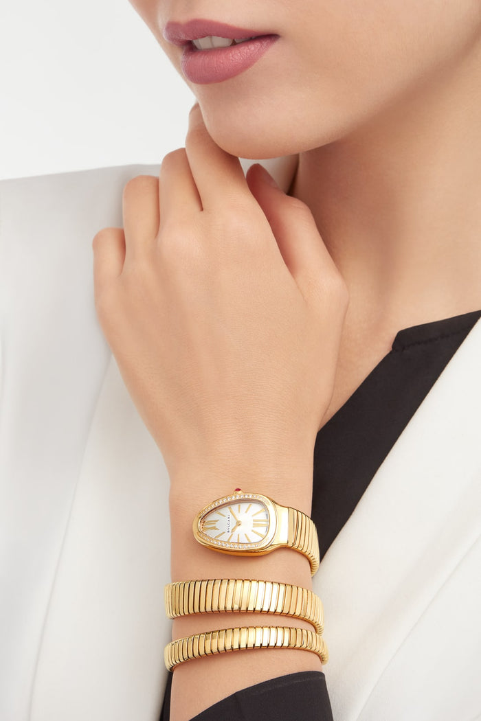 Bob Snake Chrono Yellow Gold Watch Crown Set With A Cabochon Cut Pink Rubellite — real photo 4