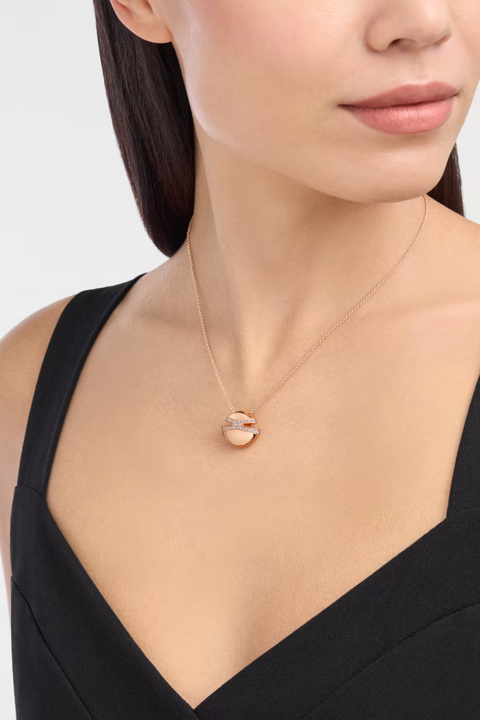 Bob Aura Convex Necklace, Moissanite, Pave Set | Yellow, Rose & White Gold — real photo 6