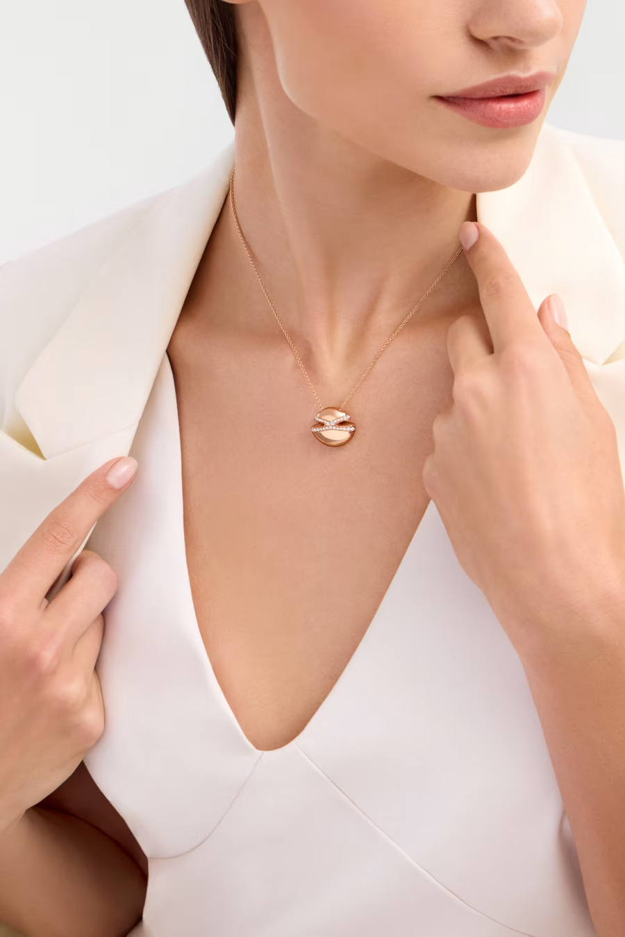 Bob Aura Convex Necklace, Moissanite, Pave Set | Yellow, Rose & White Gold — real photo 3